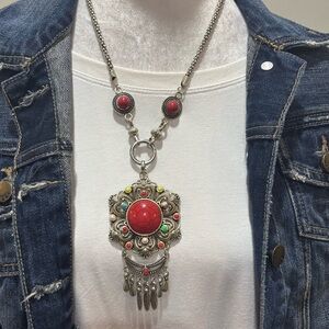 Cute southwest silver tone necklace red turquoise multicolored accent stones